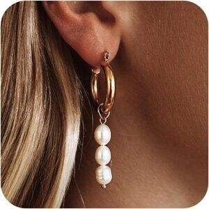 Trendy gold Pearl Dangle earring women's 14K plated huggie drop wedding jewelry